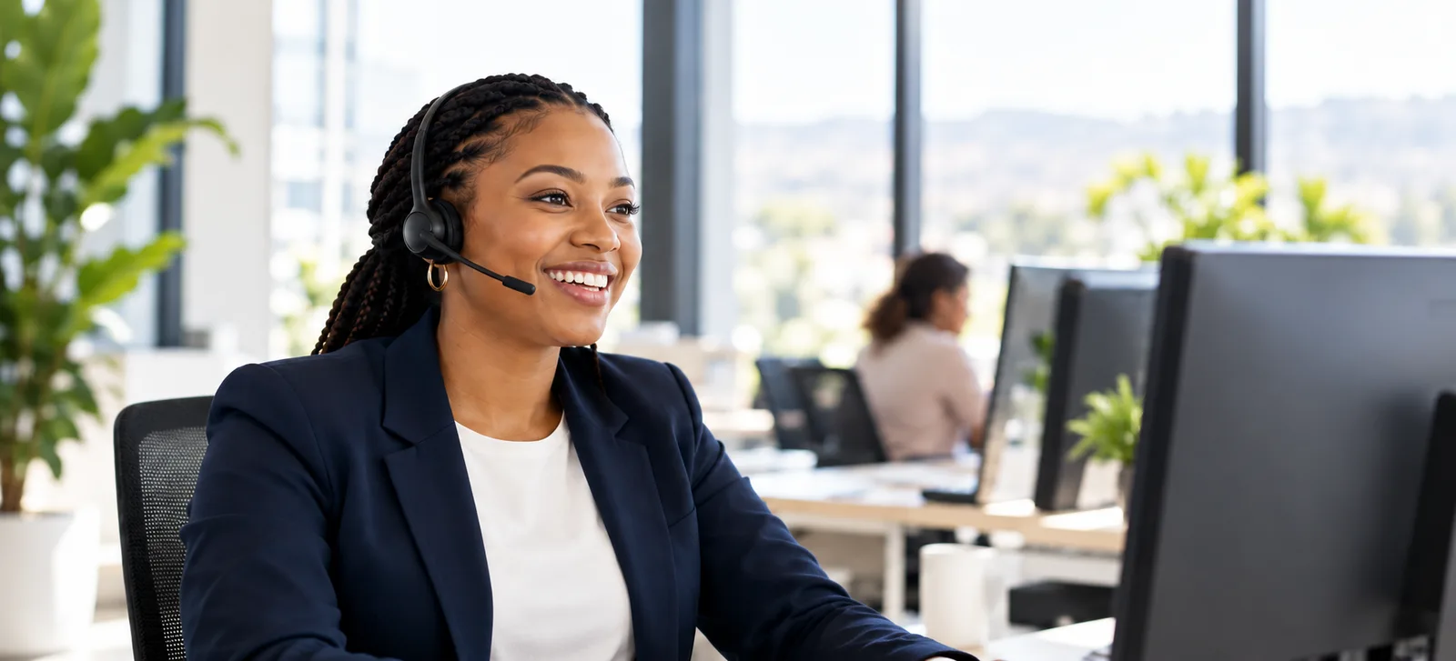 An adviser wearing a headset in a bright office